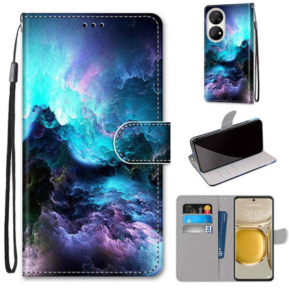 Phone wallet case with lanyard, faux leather, blue galaxy clouds design, flip cover with card slot.