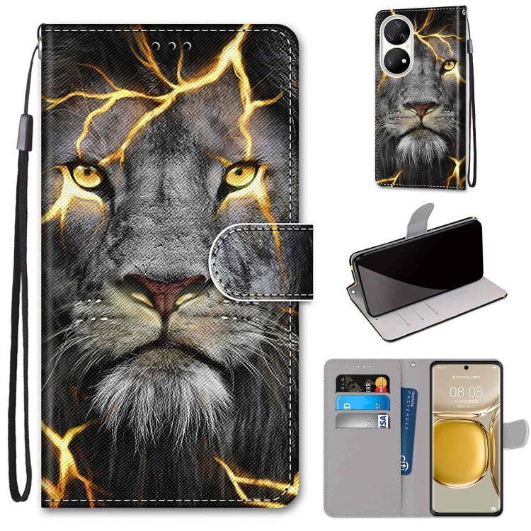 Phone wallet case with lanyard, faux leather, gray cat with lightning design, flip cover.