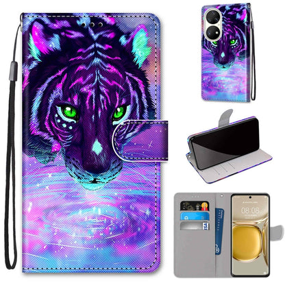 Phone wallet case with lanyard, faux leather, neon tiger face design, flip cover with card slot.