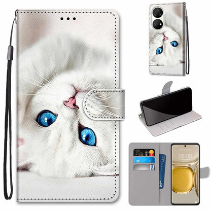 White cat flip phone wallet case with card slots, PU leather, wrist strap, holder