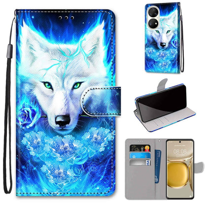 Blue wolf flip phone wallet case with card slots, PU leather, wrist strap, holder