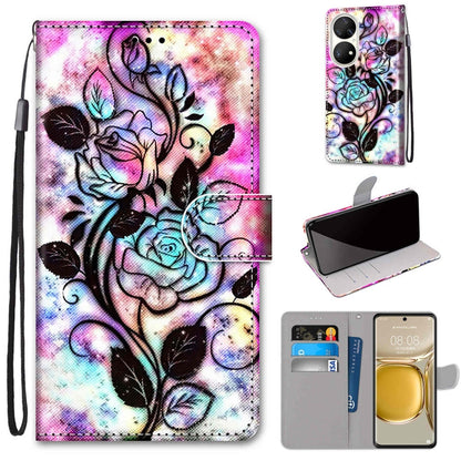 Pink rose floral flip phone wallet case with card slots, PU leather, wrist strap, holder