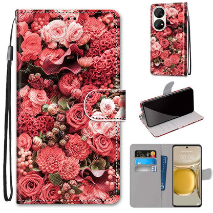 Red rose flower flip phone wallet case with card slots, PU leather, wrist strap, holder