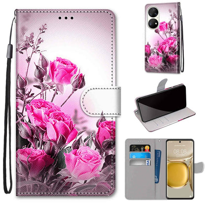 Pink rose PU leather flip phone wallet case with card slots and wrist strap