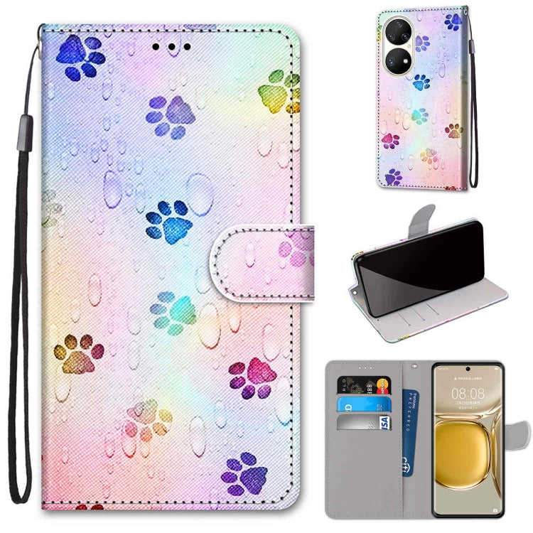 Colorful paw print PU leather flip phone wallet case with card slots and wrist strap
