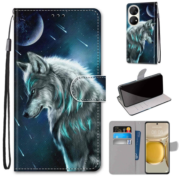 Wolf under moon PU leather flip phone wallet case with card slots and wrist strap
