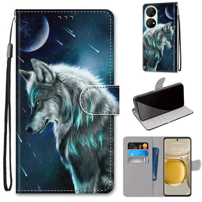 Wolf under moon PU leather flip phone wallet case with card slots and wrist strap