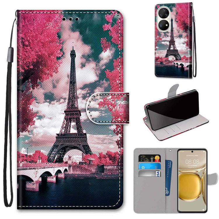 Eiffel Tower Paris scene PU leather flip phone wallet case with card slots and wrist strap