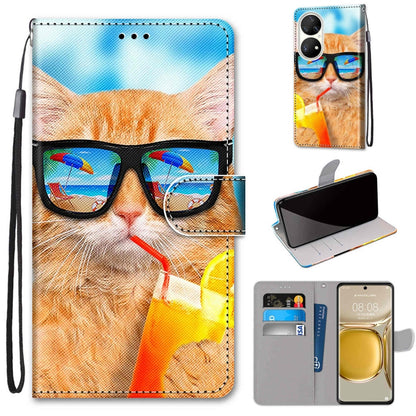 Cat with sunglasses PU leather flip phone wallet case with card slots and wrist strap