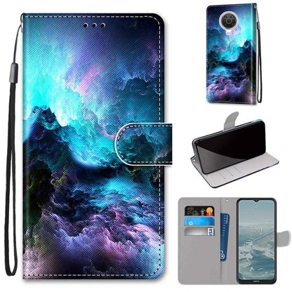 Blue cosmic mountain PU leather flip phone wallet case with card slots and wrist strap