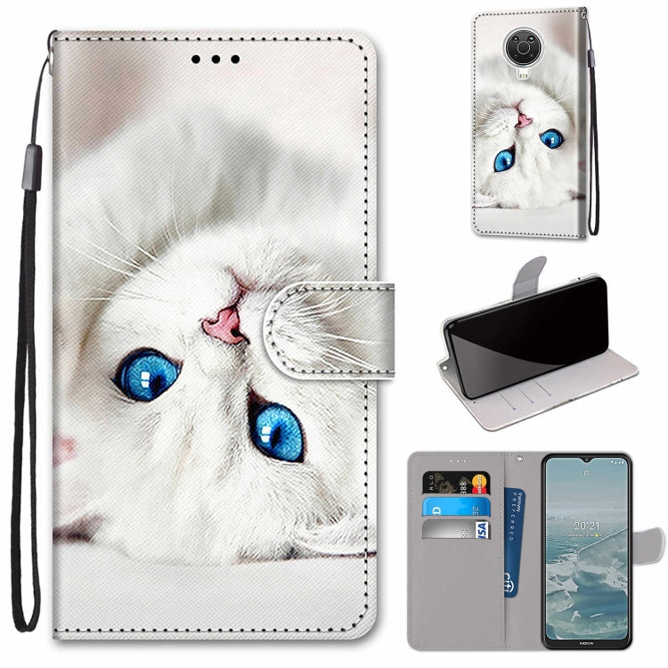 Flip PU leather phone wallet case with wrist strap and card slots, white cat print