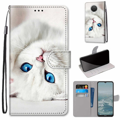 Flip PU leather phone wallet case with wrist strap and card slots, white cat print