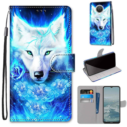 Flip PU leather phone wallet case with wrist strap and card slots, blue wolf print