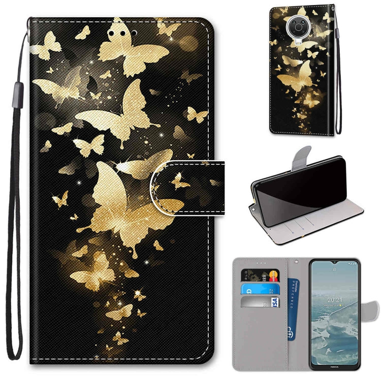 Flip PU leather phone wallet case with wrist strap and card slots, gold butterfly pattern