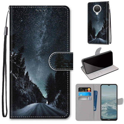 Flip PU leather phone wallet case with wrist strap and card slots, dark blue night forest print