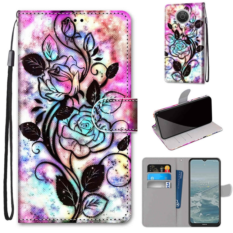 Flip PU leather phone wallet case with wrist strap and card slots, colorful rose floral print