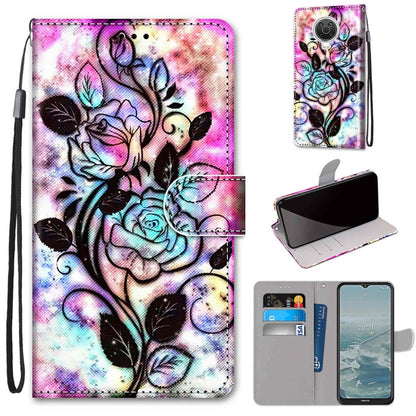 Flip PU leather phone wallet case with wrist strap and card slots, colorful rose floral print