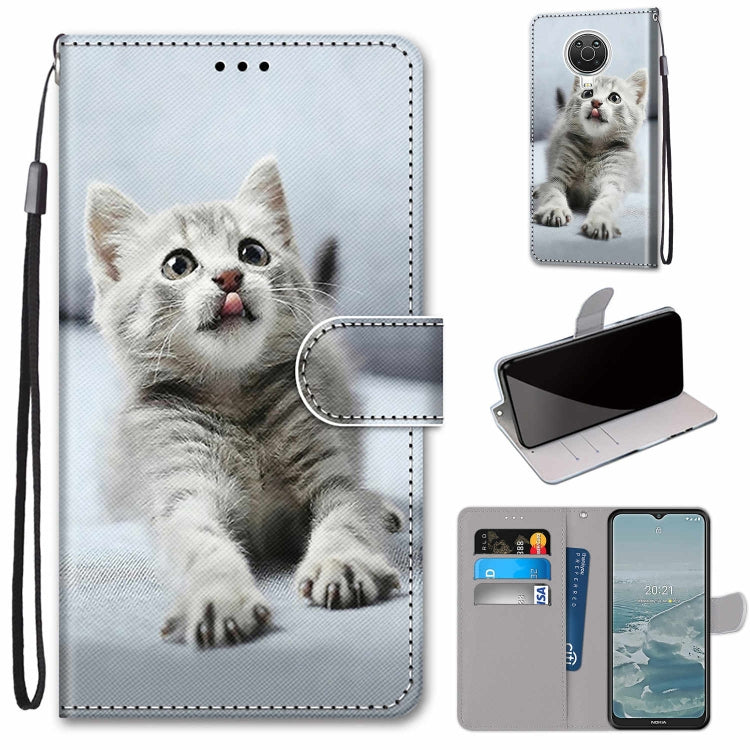 Flip PU leather phone wallet case with wrist strap and card slots, light gray kitten print