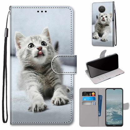 Flip PU leather phone wallet case with wrist strap and card slots, light gray kitten print