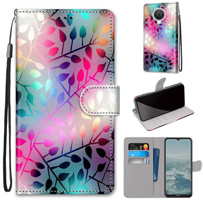 Flip PU leather phone wallet case with wrist strap and card slots, colorful floral abstract print
