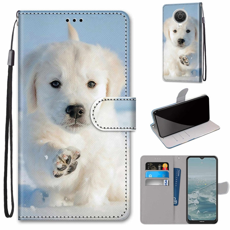 Phone wallet case with flip cover, card slots, and lanyard; white dog print on blue PU.