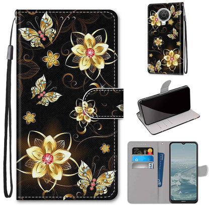 Phone wallet case with flip cover, card slots, and lanyard; black with gold floral butterfly print.