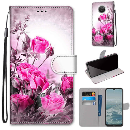 Phone wallet case with flip cover, card slots, and lanyard; pink rose bouquet print on PU.