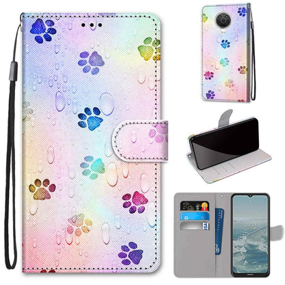 Phone wallet case with flip cover, card slots, and lanyard; multicolor paw print pattern on PU.