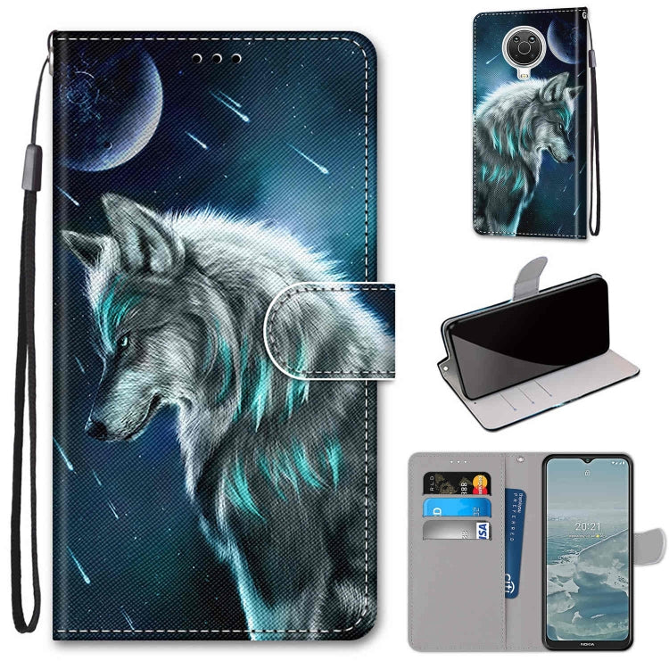 Phone wallet case with flip cover, card slots, and lanyard; blue wolf face print on PU.