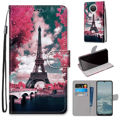 Phone wallet case with flip cover, card slots, and lanyard; Eiffel Tower scene print on PU.
