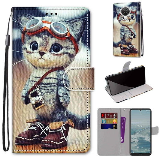 Phone wallet case with flip cover, cat illustration, card slots, and wrist strap