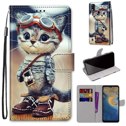 Printed PU leather flip phone case with strap and wallet card slots, cat design