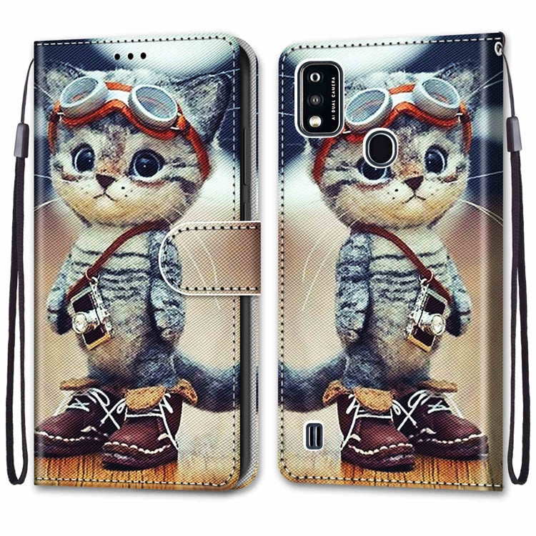 PU leather flip phone wallet case with wrist strap and card slots, full cat print
