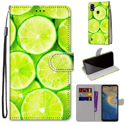 Lime green printed PU leather flip phone case with strap and card slots, lemon pattern