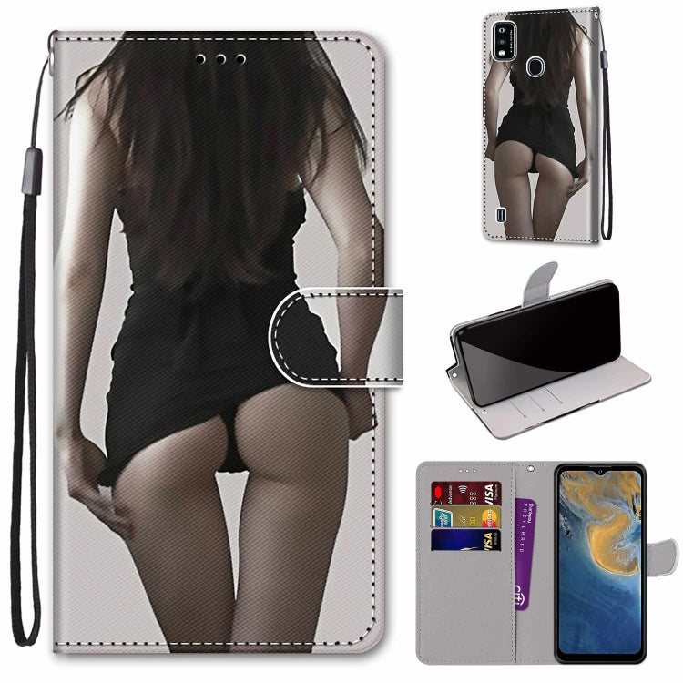 PU leather flip phone wallet case with strap and card slots, black and white figure print