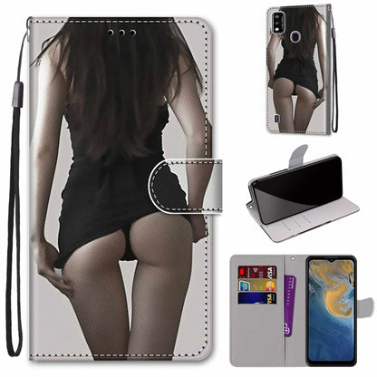 PU leather flip phone wallet case with strap and card slots, black and white figure print