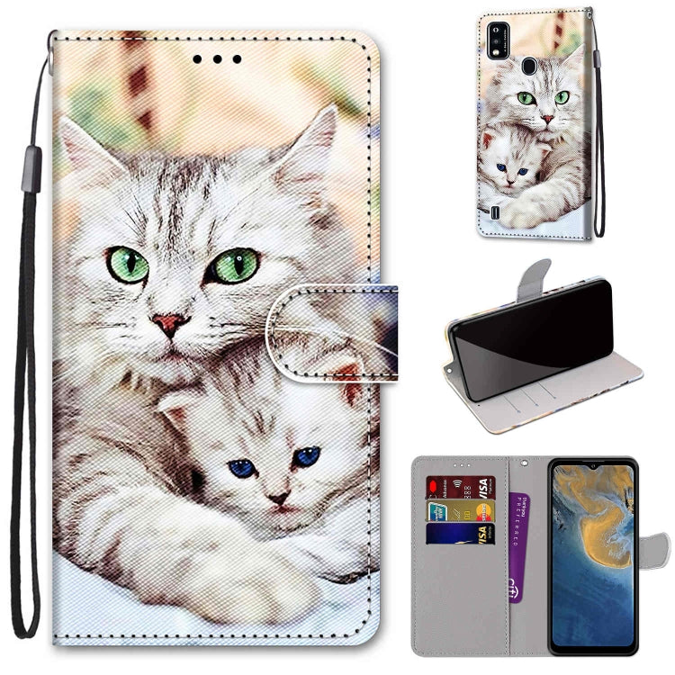 PU leather flip wallet phone case with cat illustration, lanyard strap, card slots