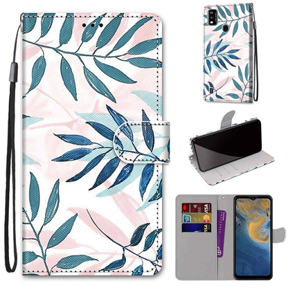 PU leather flip wallet phone case with teal leaf pattern, lanyard strap, card slots