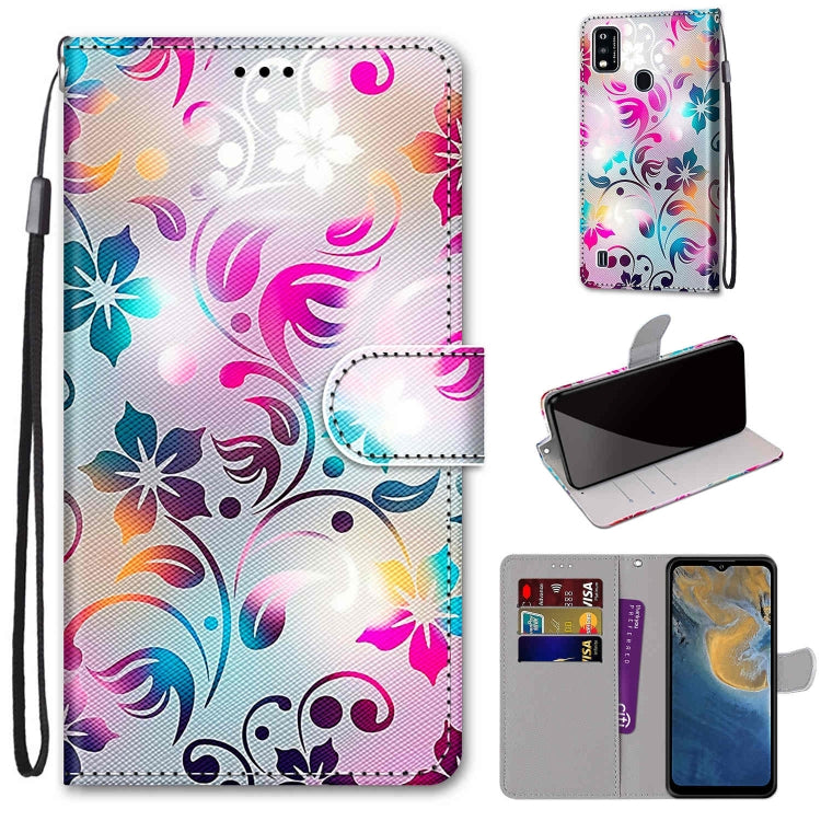 PU leather flip wallet phone case with colorful floral swirl pattern, lanyard strap