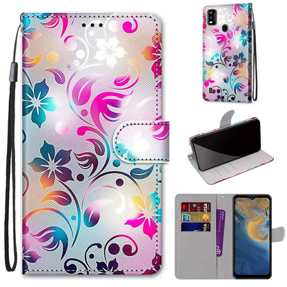 PU leather flip wallet phone case with colorful floral swirl pattern, lanyard strap