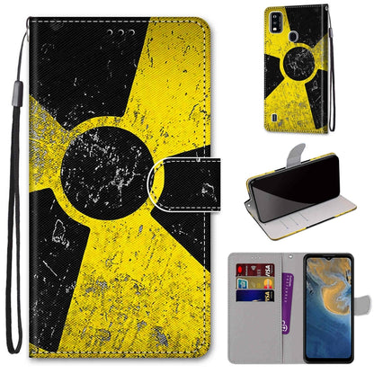 PU leather flip wallet phone case with yellow and black figure graphic, lanyard strap
