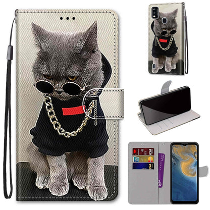 PU leather flip wallet phone case with gray cat wearing sunglasses, lanyard strap