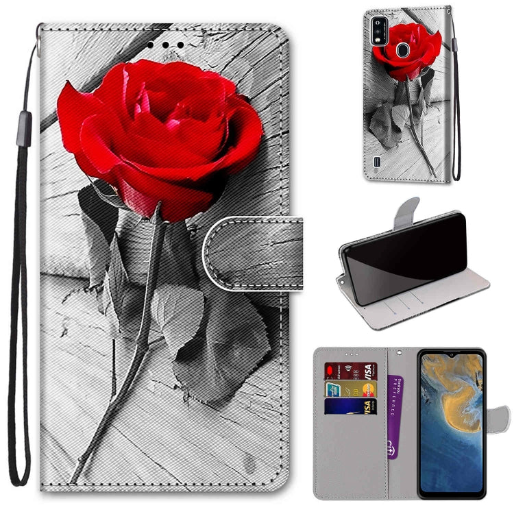 PU leather flip wallet phone case with red rose illustration, lanyard strap, card slots