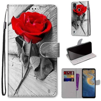 PU leather flip wallet phone case with red rose illustration, lanyard strap, card slots