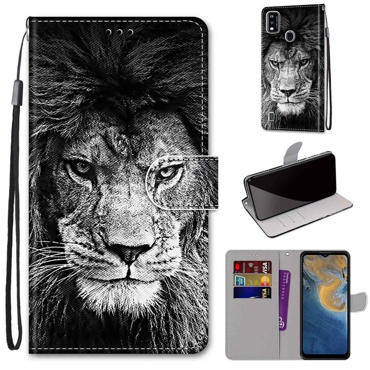 PU leather flip wallet phone case with black and white lion portrait, lanyard strap