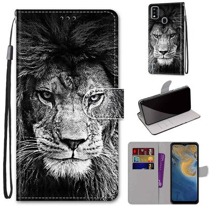 PU leather flip wallet phone case with black and white lion portrait, lanyard strap