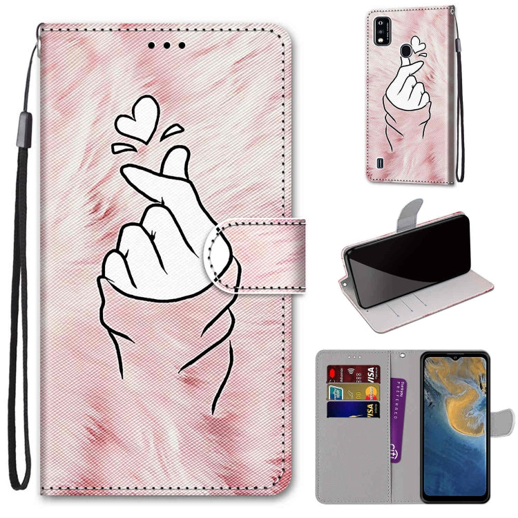 PU leather flip wallet phone case with line-art hand heart design, lanyard strap
