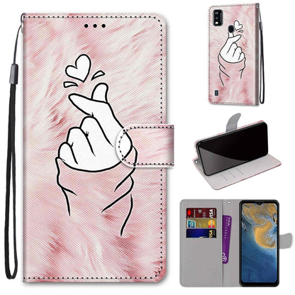 PU leather flip wallet phone case with line-art hand heart design, lanyard strap
