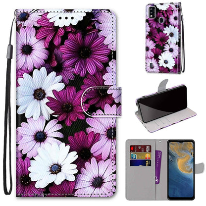 PU leather flip wallet phone case with purple and white flower pattern, lanyard strap