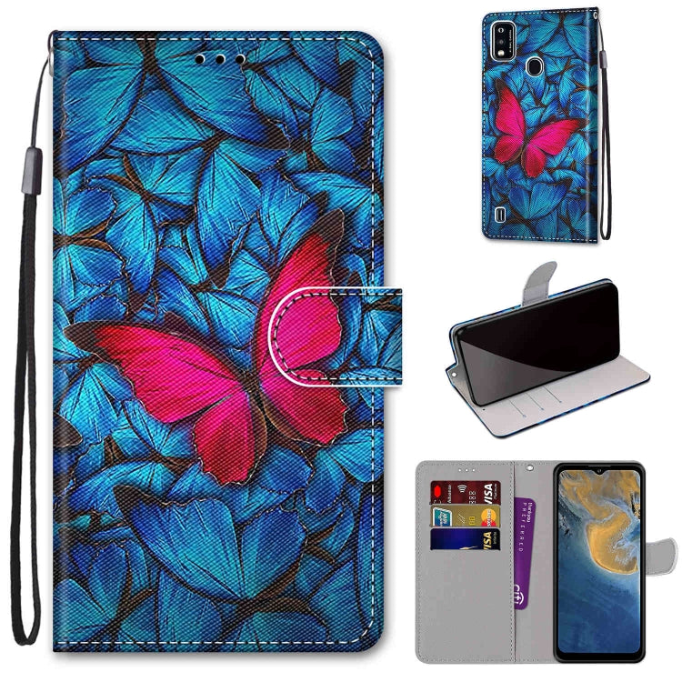 PU leather flip wallet phone case with blue leaf pattern, lanyard strap, card slots